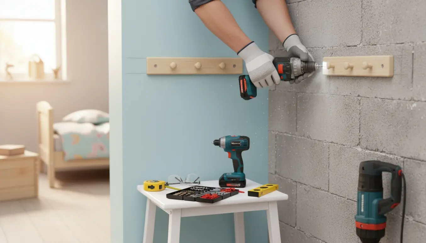 To knagerækker monteres i et børneværelse med boremaskine, skruer og værktøj.