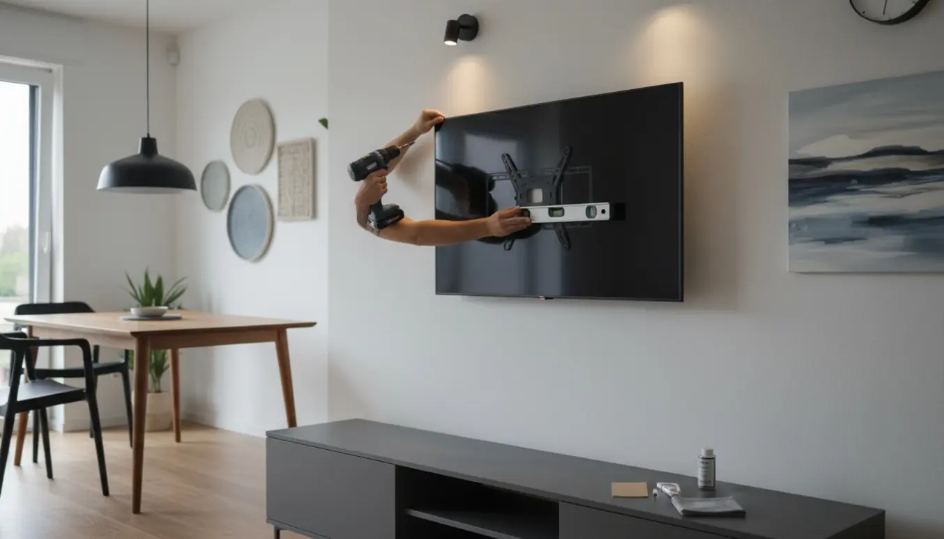 Person monterer tv-beslag i stue med pendellampe, to spots, langt maleri, vægur uden tal, fem vægdekorationer og et tv-bord med afskallet lak på metalben.