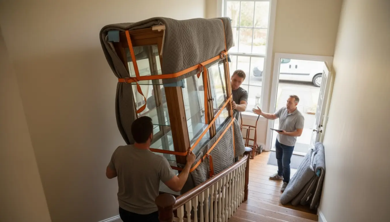 To flyttemænd bærer et samlet vitrineskab op ad en smal trappe, pakket i tæpper og remme.
