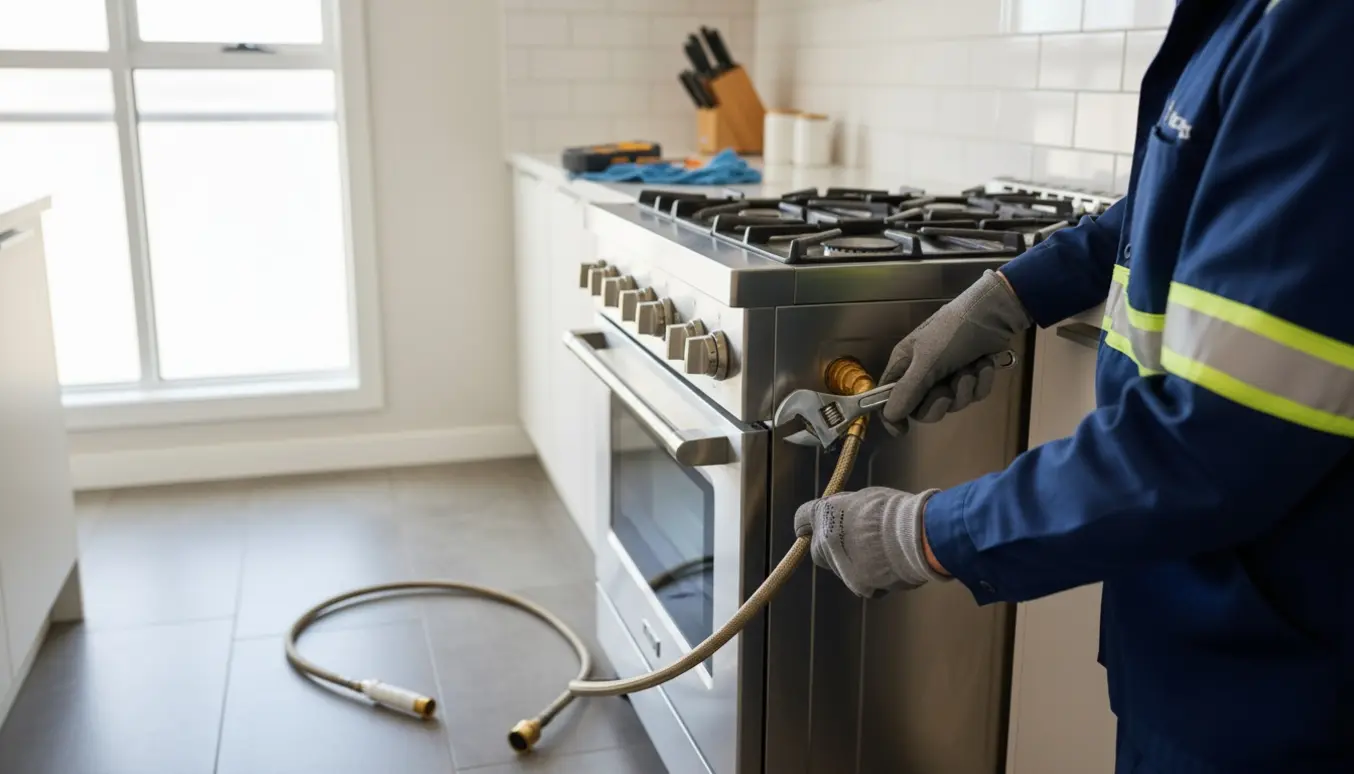 En autoriseret VVS'er afkobler gasforbindelsen til et gaskomfur, kun hænder og værktøj er synlige.