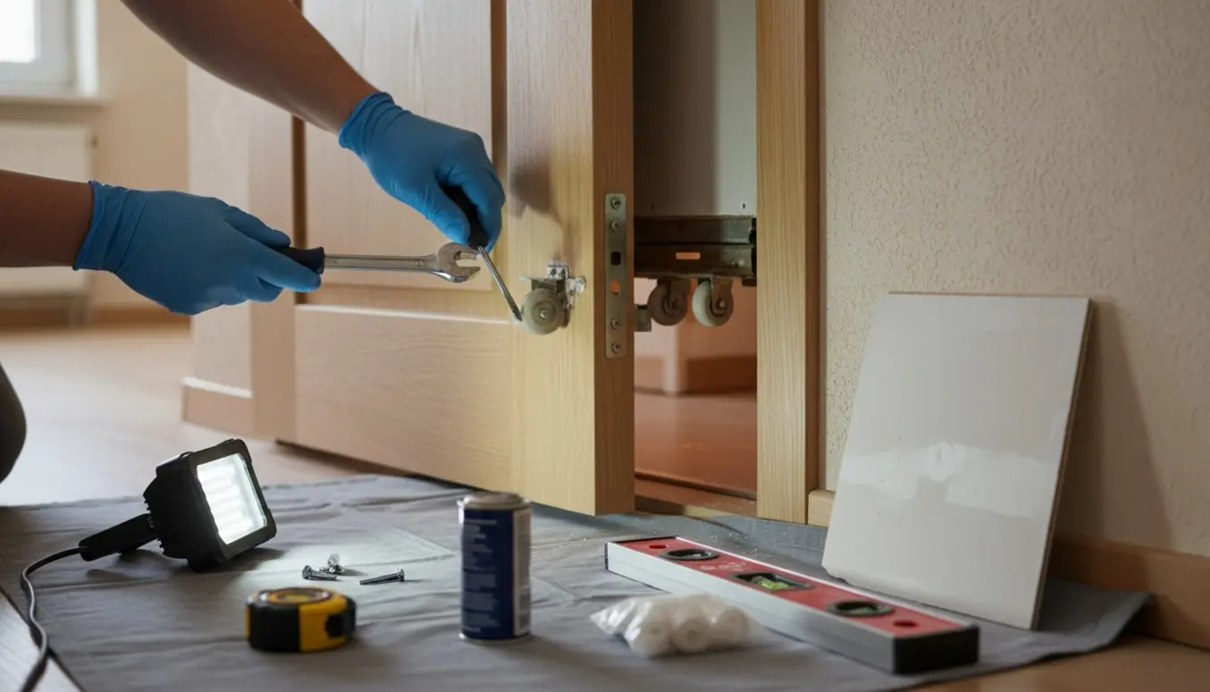 Skydedør delvist trukket ud af væggen med rulleskinne synlig og værktøj klar til reparation.