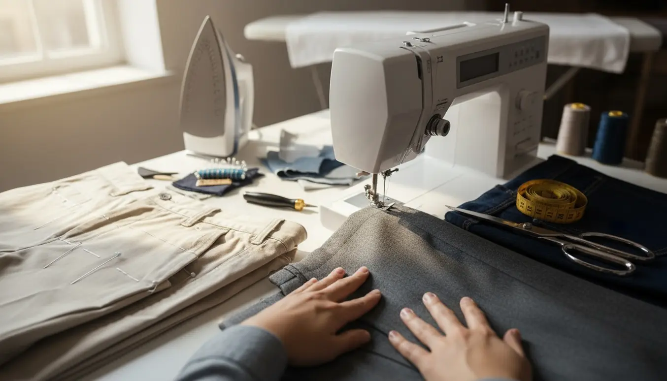 Nærbillede af hænder, der lægger tre par bukser op ved en symaskine med målebånd og strygejern.
