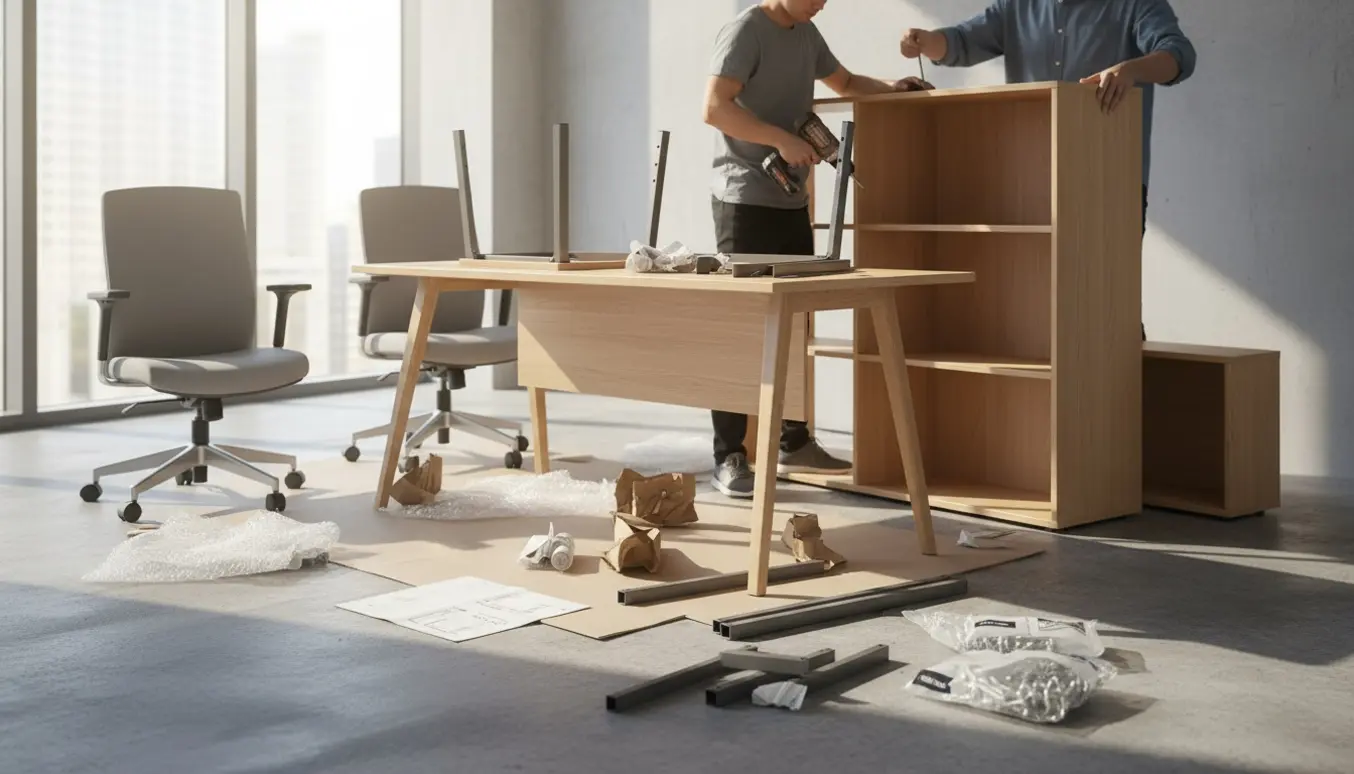 Nærbillede af hænder, der samler kontorborde og reoler i et lyst, nyindrettet lokale med værktøj og flyttekasser.