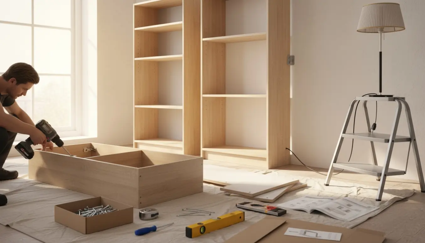 Håndværker monterer to fladpakkede reoler i en stue med værktøj og en lampe klar til at blive sat op.