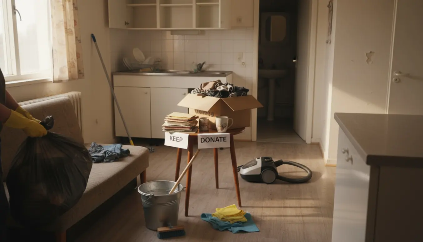 Grundig oprydning og rengøring i en lille lejlighed efter dødsbo med rengøringsudstyr og fyldte affaldsposer.