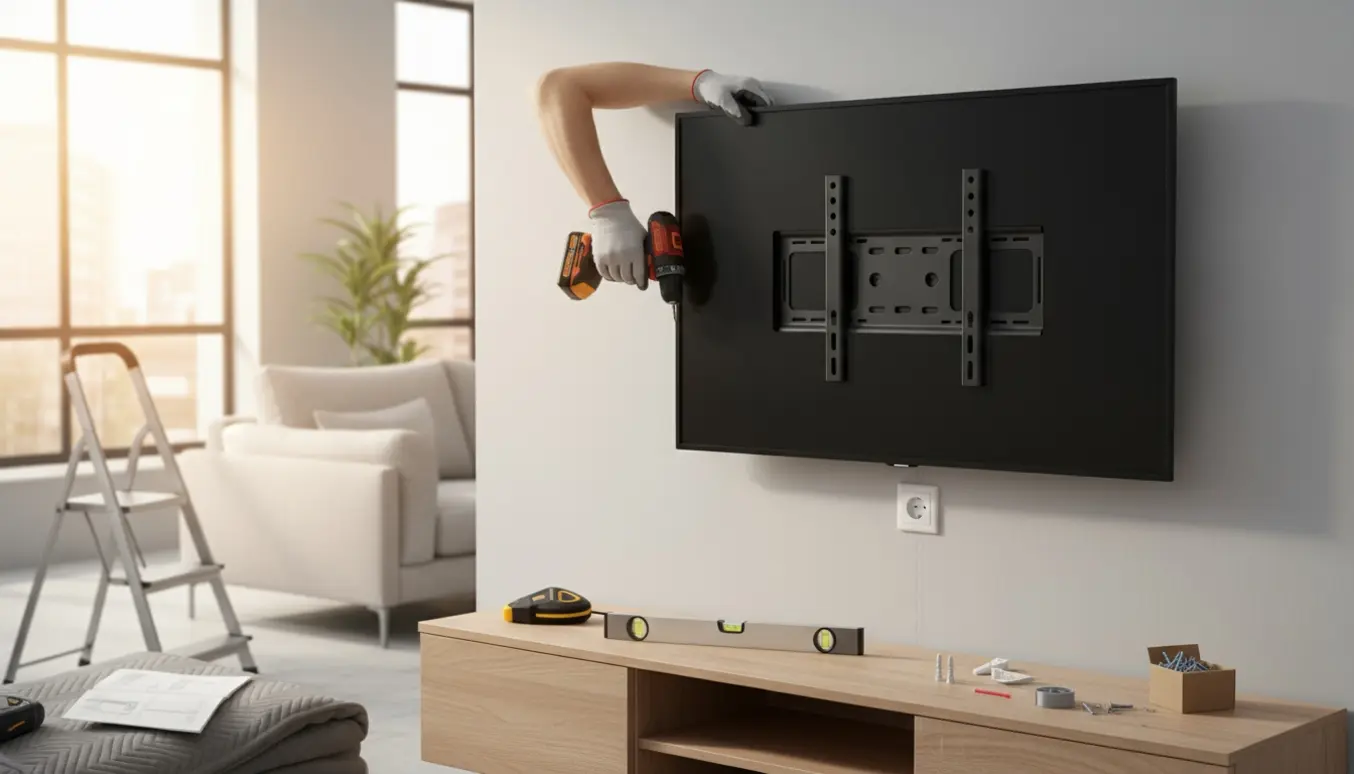 Et fladskærms-tv bliver monteret på en lys væg med bore- og måleværktøj i en moderne stue.