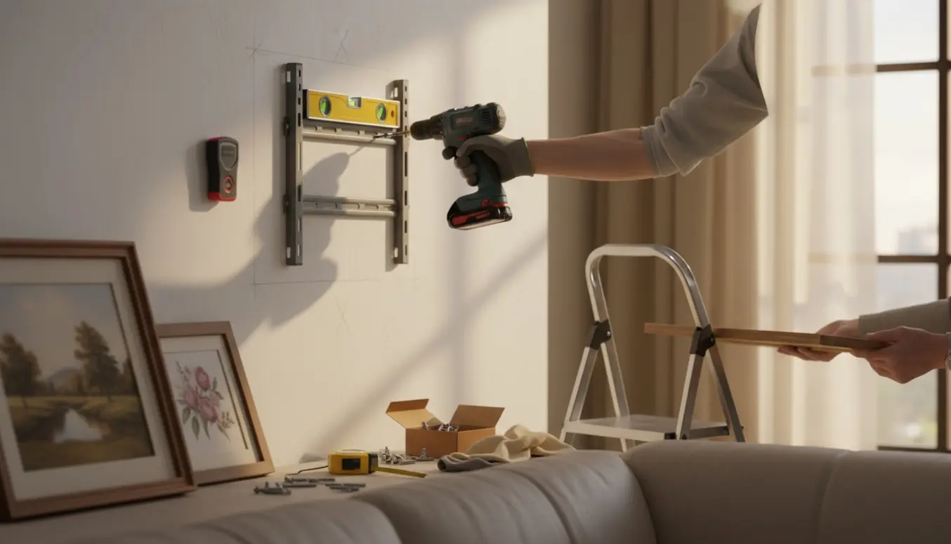 Håndværker monterer TV-beslag og hænger billeder i en lys plejeboligstue.