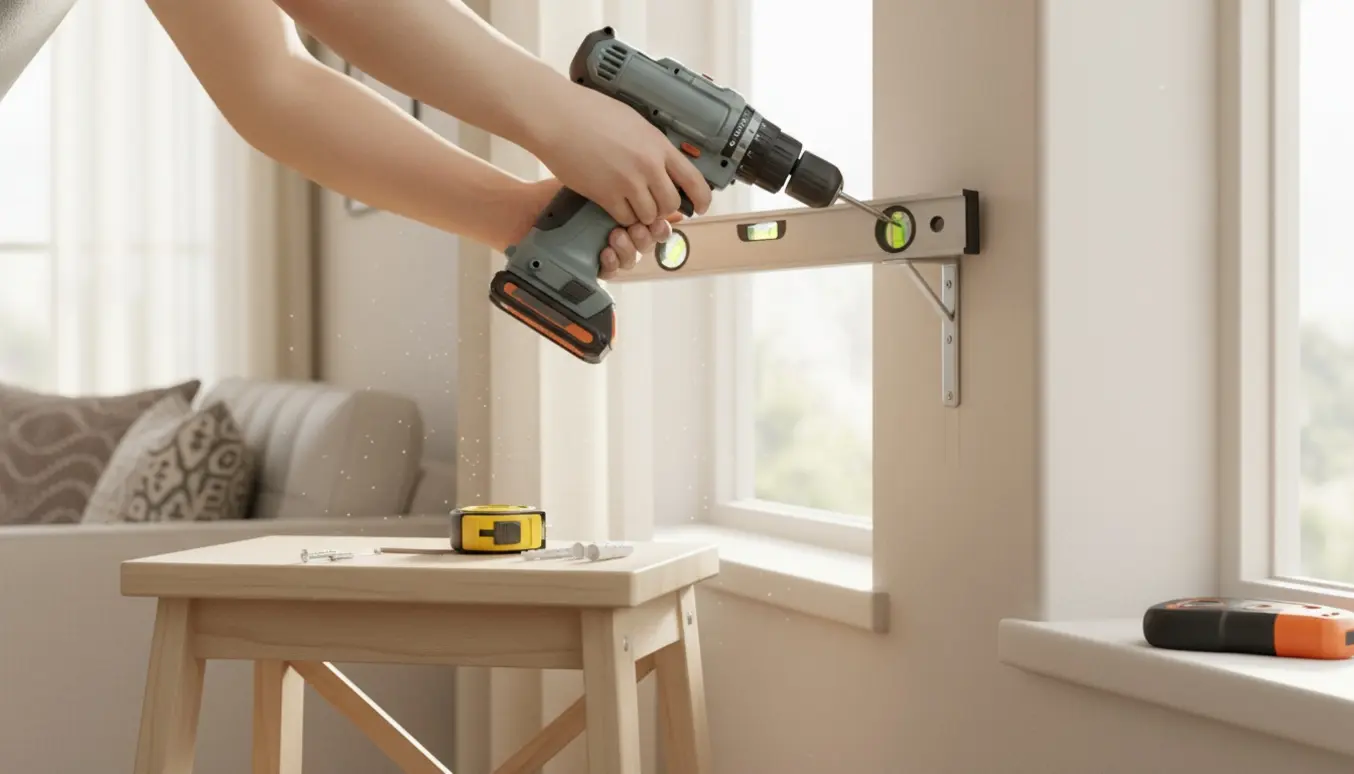 Person opsætter gardinstang ved et solbelyst vindue med boremaskine, vaterpas og skruer.