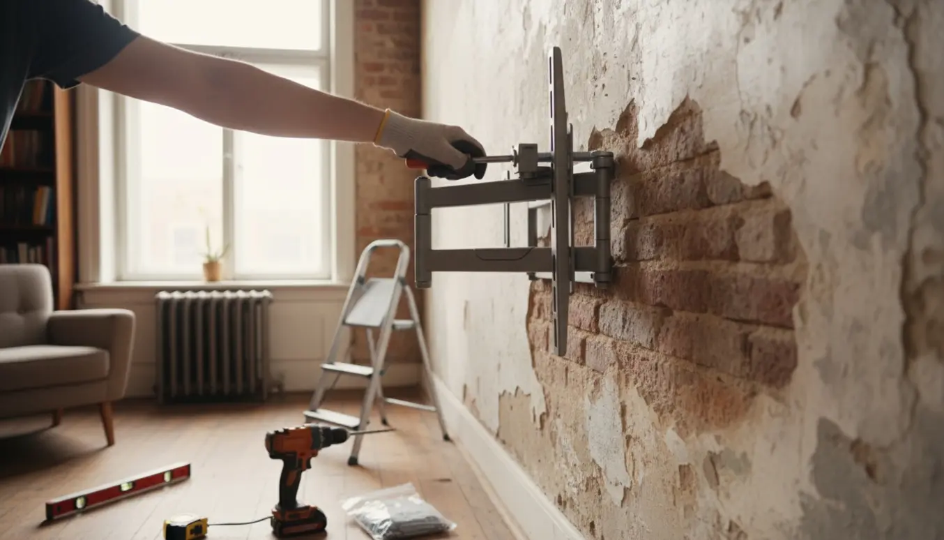 Et fladskærms-tv monteres på en udtrækkelig vægarm på en gammel ydermur, med værktøj i nærheden.