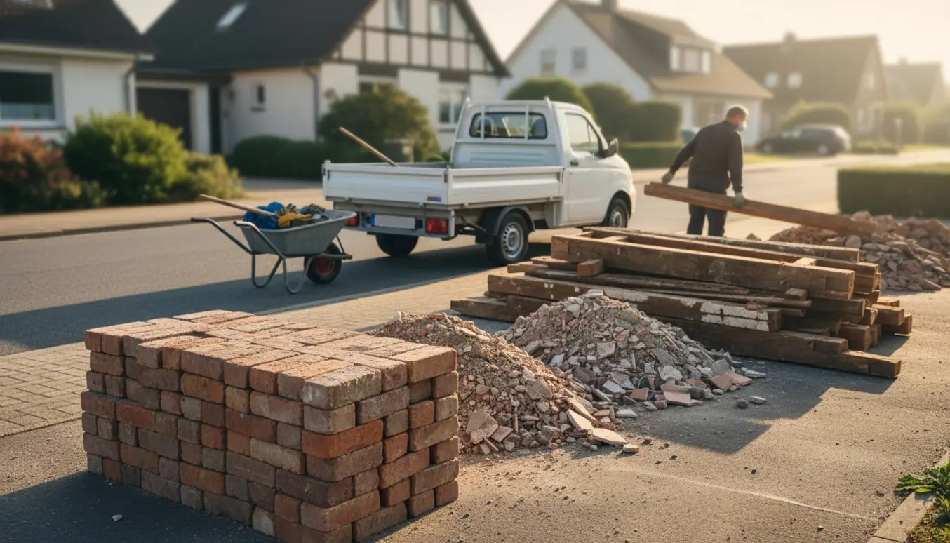 Tre adskilte bunker med byggeaffald på en parkeringsplads klar til afhentning: rene mursten, blandet murbrokker og træ fra bindingsværk.