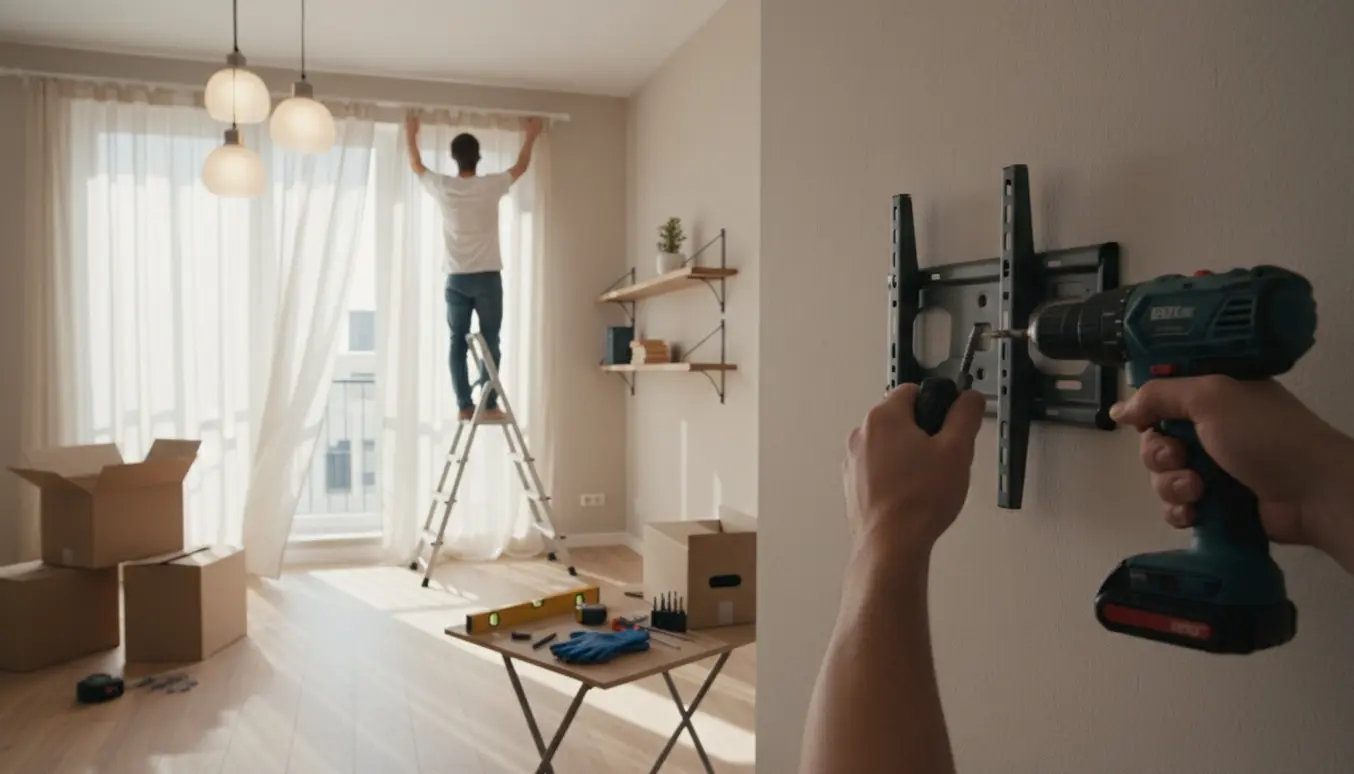 Hænder monterer et vægmonteret TV i en stue under flytning med gardinskinner, hylder og lamper.