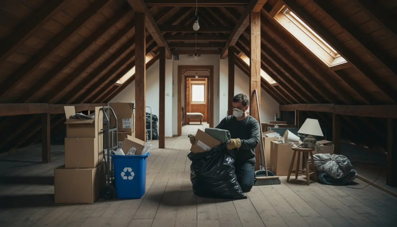 Person rydder let rodet i fælles loftsgang med sække, kasser og kost, set bagfra uden synligt ansigt.