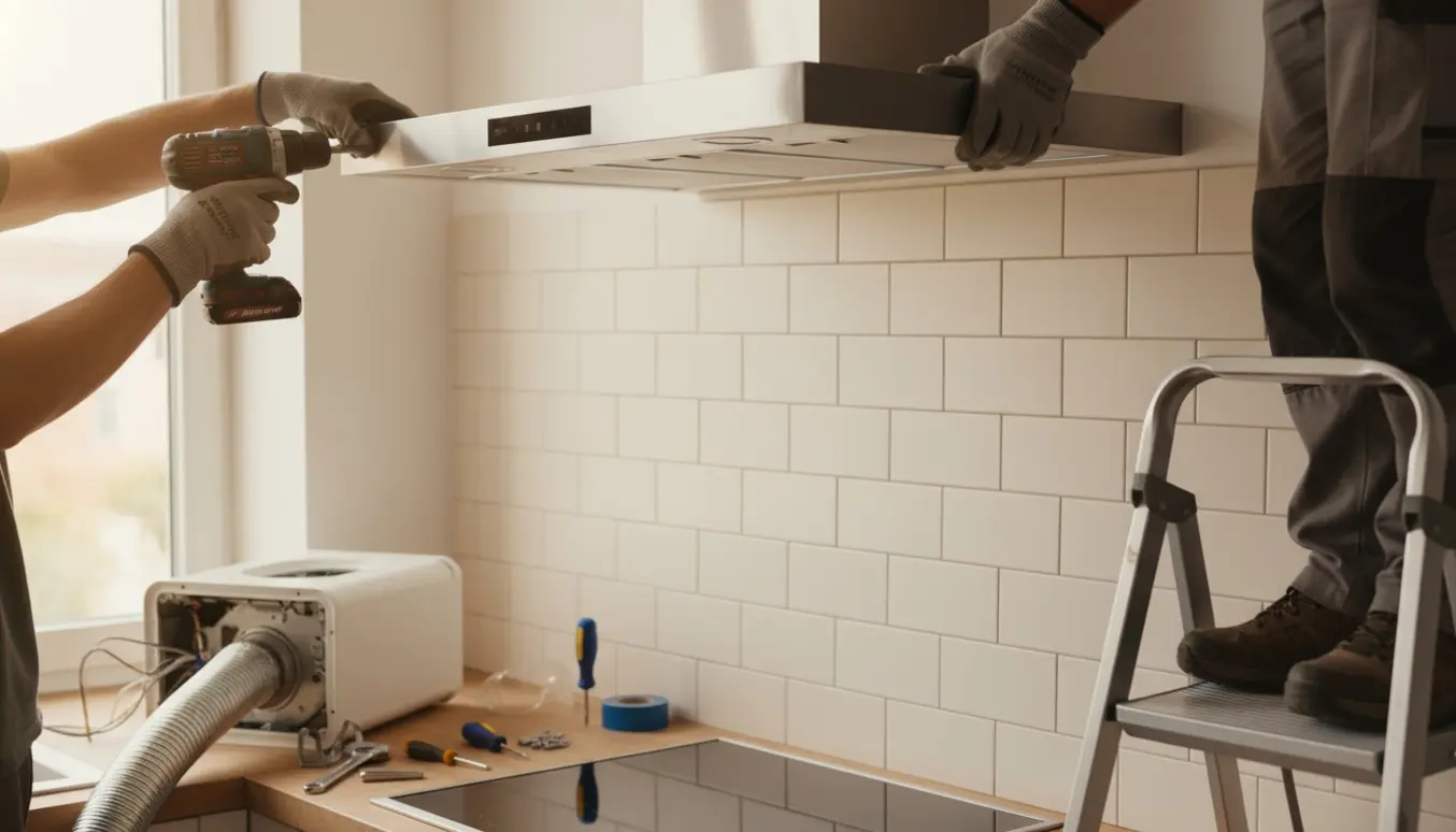 Hænder installerer en ny rustfri emhætte i et moderne køkken med værktøj og den afmonterede gamle emhætte på bordet.