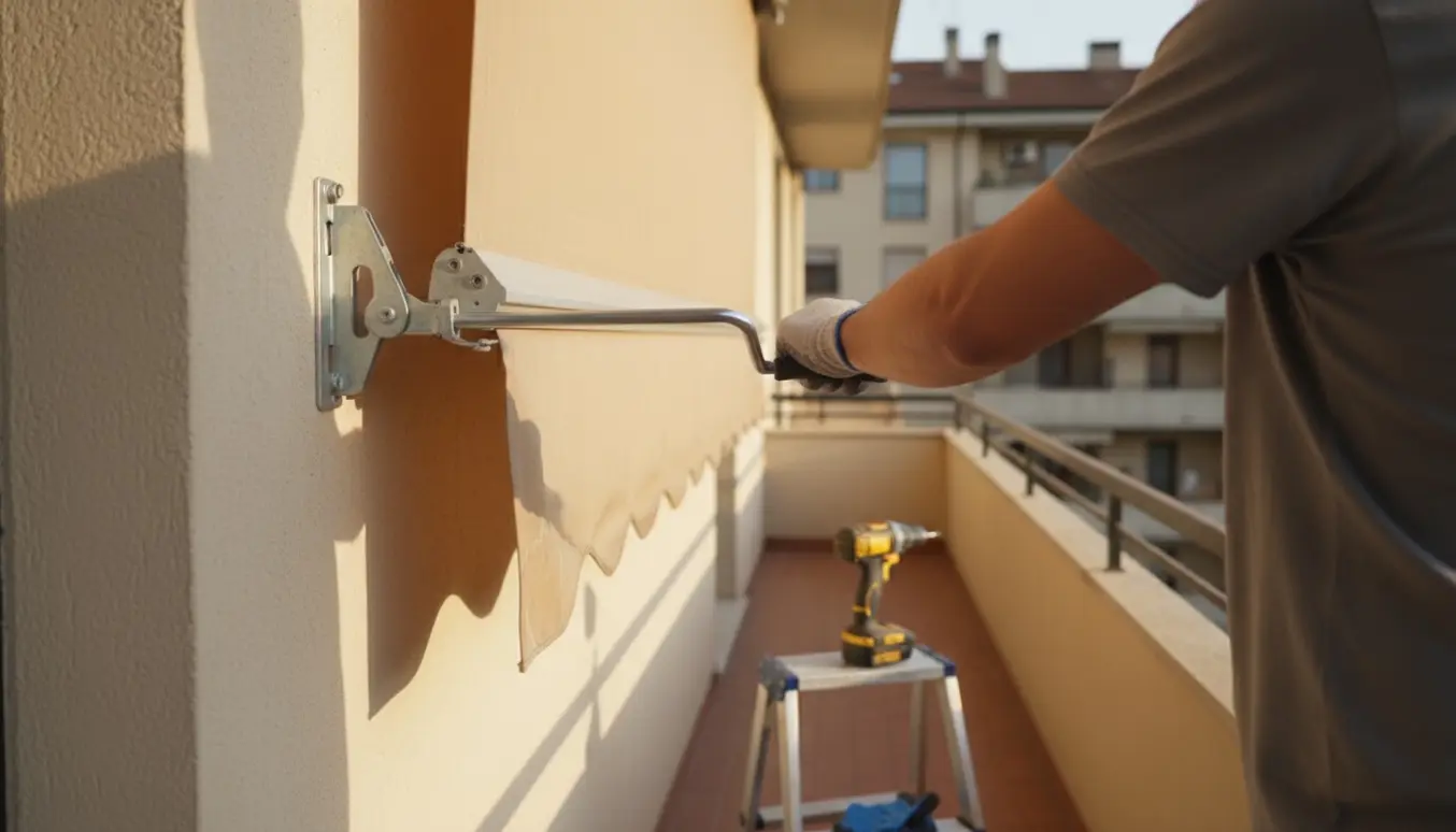 Hænder i arbejdshandsker ruller forsigtigt en markise ud på en altan for at tjekke montering og sikkerhed.