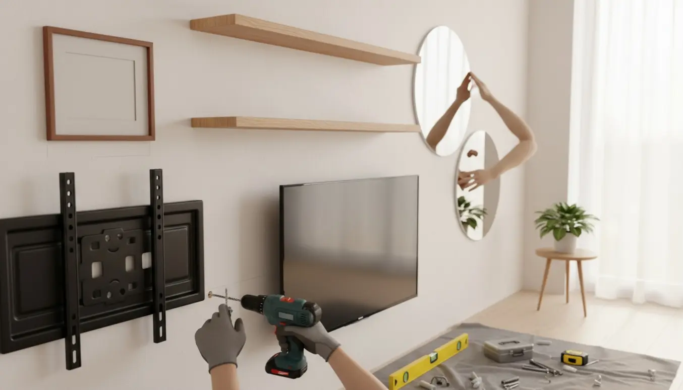 Nærbillede af hænder med boremaskine, skruer og et TV, hylder og spejle, der bliver monteret lige på en stuevæg.