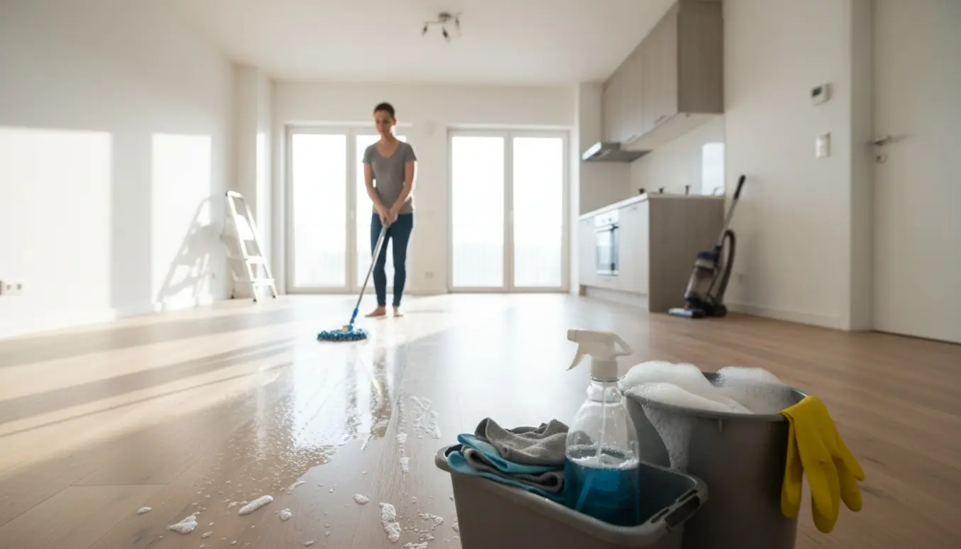 Hænder udfører grundig hovedrengøring i en lys, moderne 60 m² lejlighed med rengøringsudstyr i forgrunden.