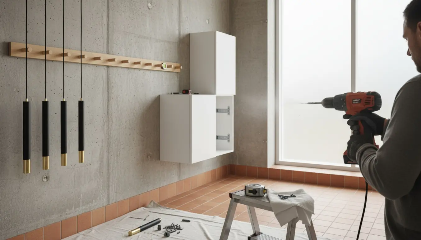 Badeværelse under installation med delvist monteret skab, lamper, boremaskine og knager mod en betonvæg.