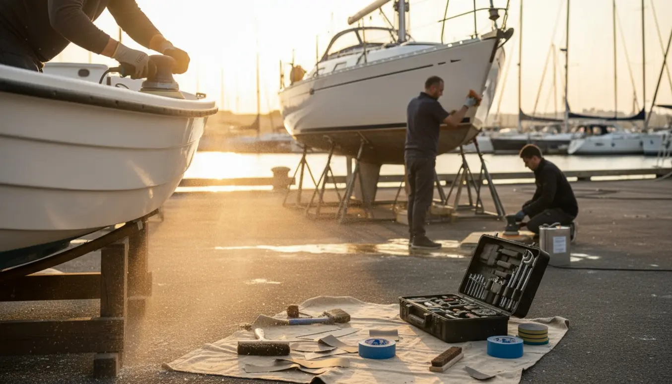 Nærbillede af hænder der sliber og polerer en motor- og sejlbåd ved en rolig havn.