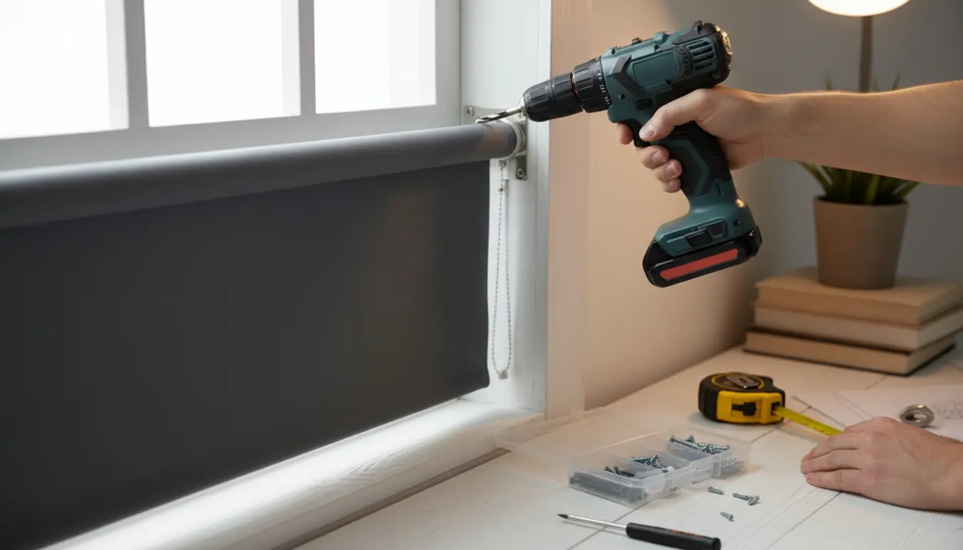 Hænder monterer et mørklægningsgardin i en malet trævindueskarm med værktøj og skruer på bordet.