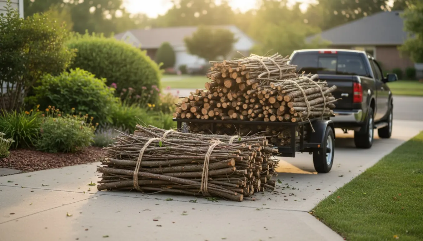 Trailer fyldt med nyklippede grene klar til bortkørsel foran en velholdt have.