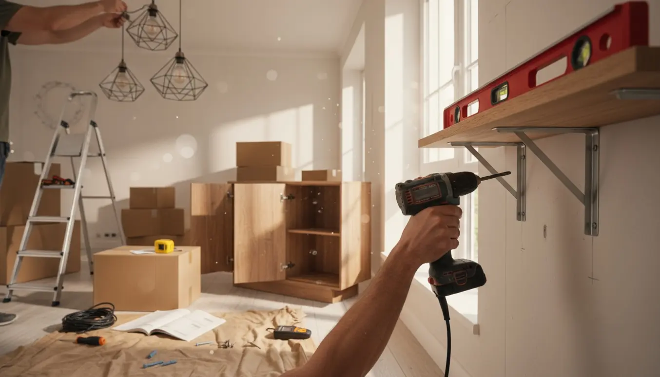 Håndværker uden synligt ansigt monterer reoler, skabe og en lampe i en lys lejlighed omgivet af værktøj og flyttekasser.