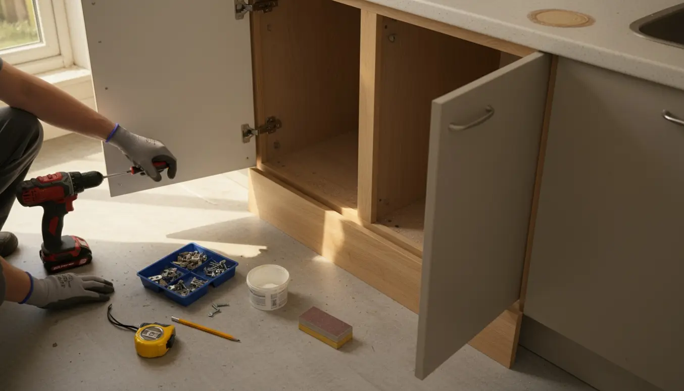 Køkken under renovering med udskiftning af sokler, værktøj og reparation af bordplade.