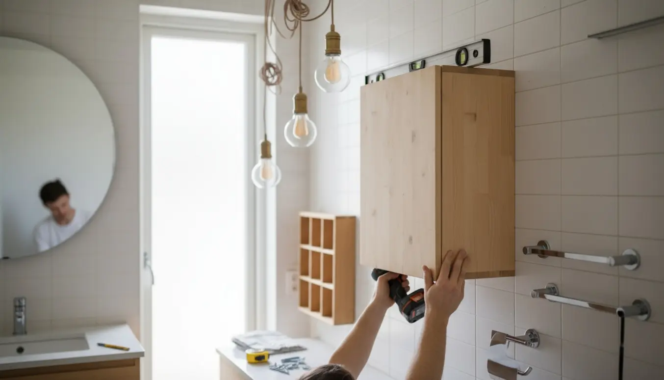 Hænder monterer et lyst træskab og lamper i et lyst flisebadeværelse med værktøj på vasken.
