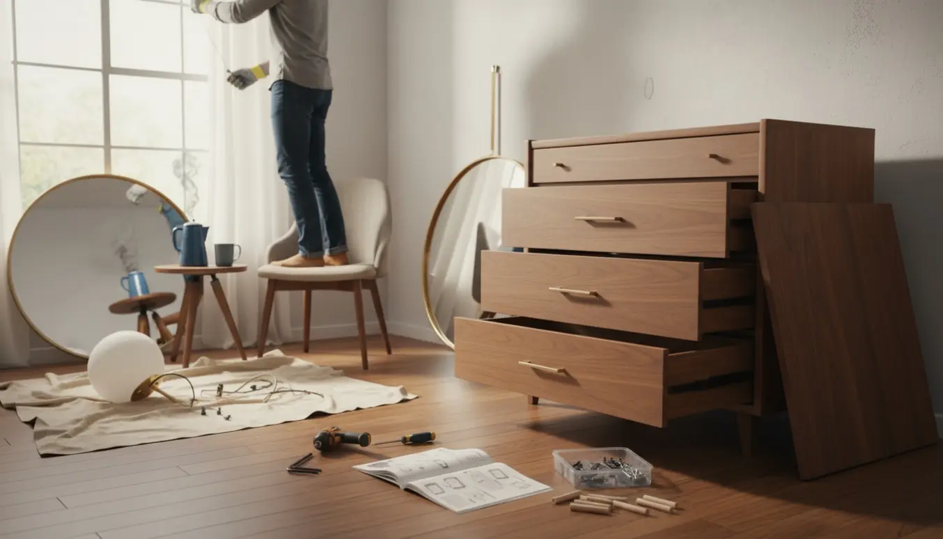 Delvist samlet kommode med fem skuffer, stort rundt spejl klar til ophæng og værktøj ved siden af en dampende kaffekop.