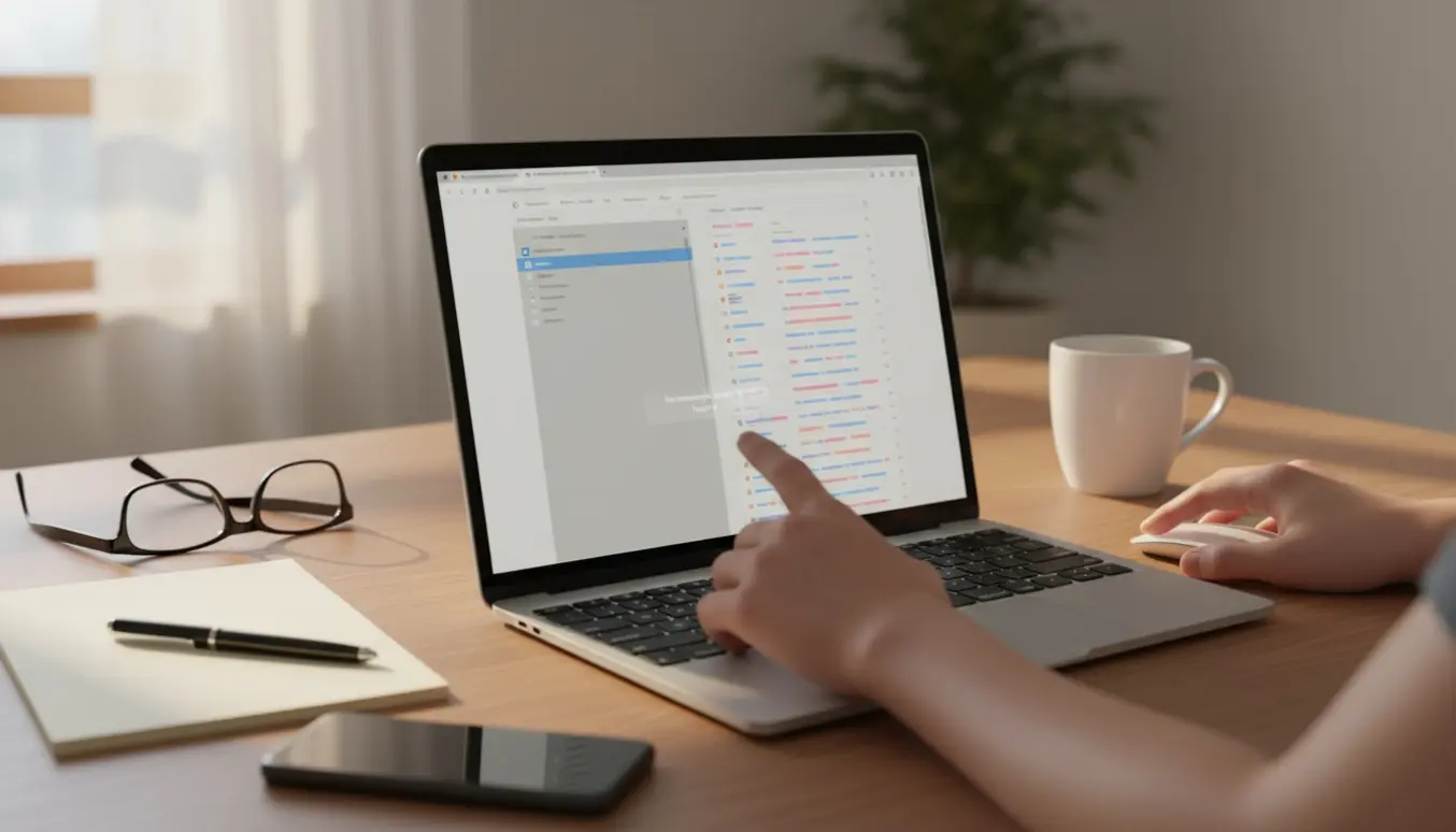 Laptop viser tom e-mailklient ved siden af en browser med fyldt webmail, hænder peger på skærmen.