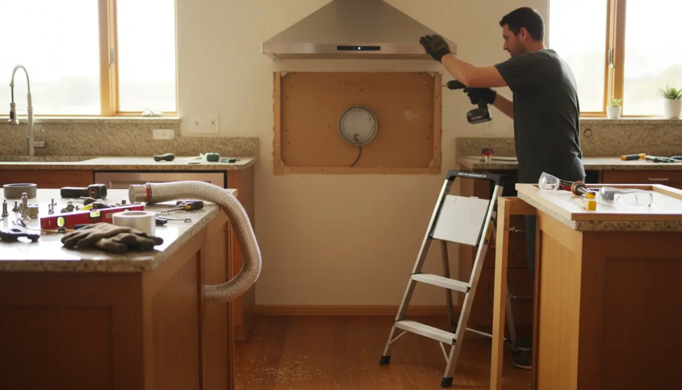 Nyt rustfrit stål emhætte monteres alene i et køkken efter fjernelse af overskab, med synlig udsugningskanal og værktøj.