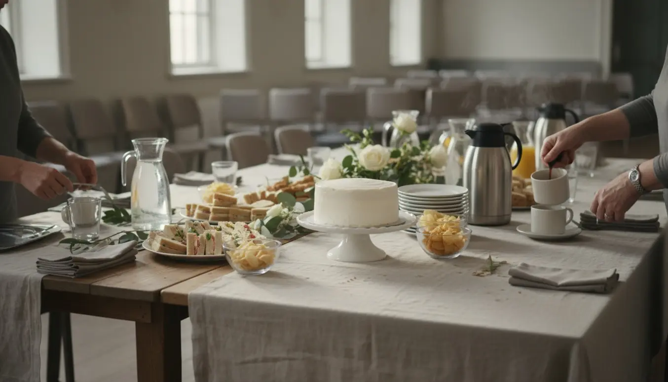 Buffetbord med kager, sandwiches, kaffekande og hænder, der gør klar til en sober reception.