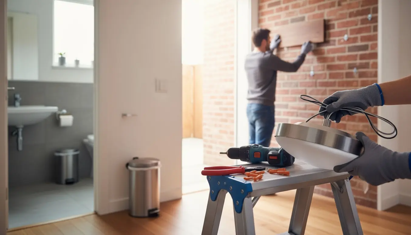 Hænder monterer en loftslampe med ledning, mens udendørsskilt, toiletpapirholder og skraldespand er klar i baggrunden.