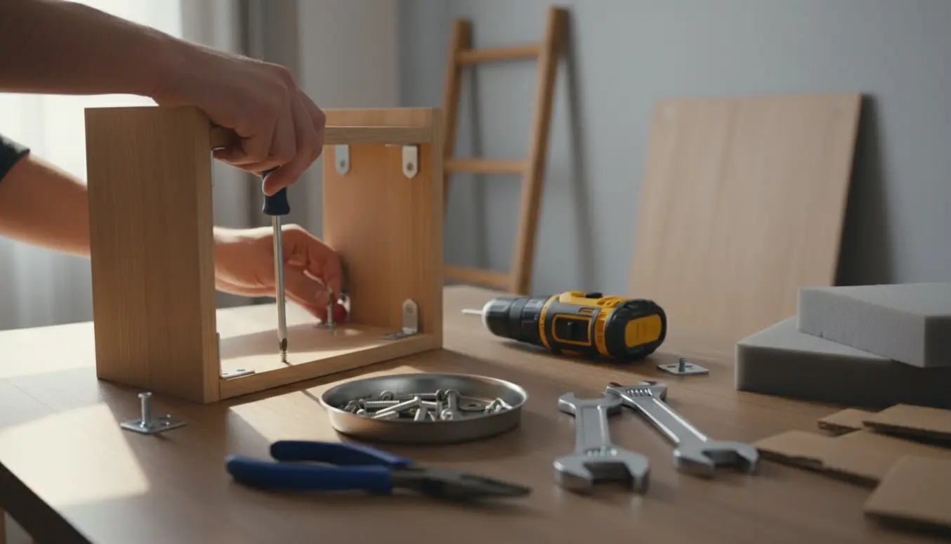 Nære hænder skruer en lille hylde fra hinanden med værktøj på et lyst værkstedsbord.