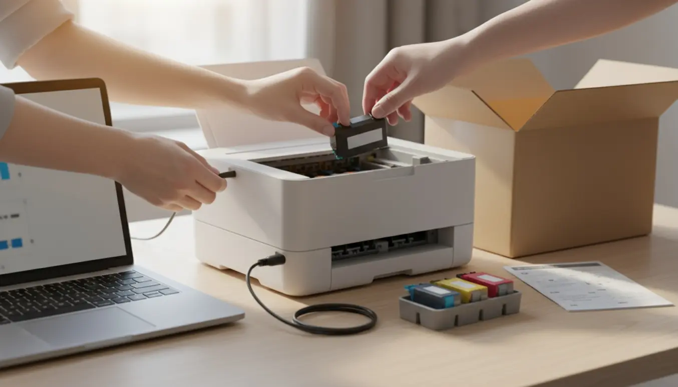 Hænder installerer en lille hvid inkjet-printer på et skrivebord med laptop og blækpatroner.