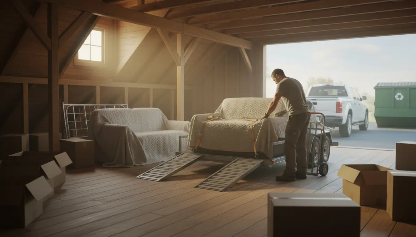 Et støvet tømt loftsrum med en 2-personers sofa og en seng læsset på trailer ved en genbrugsplads.