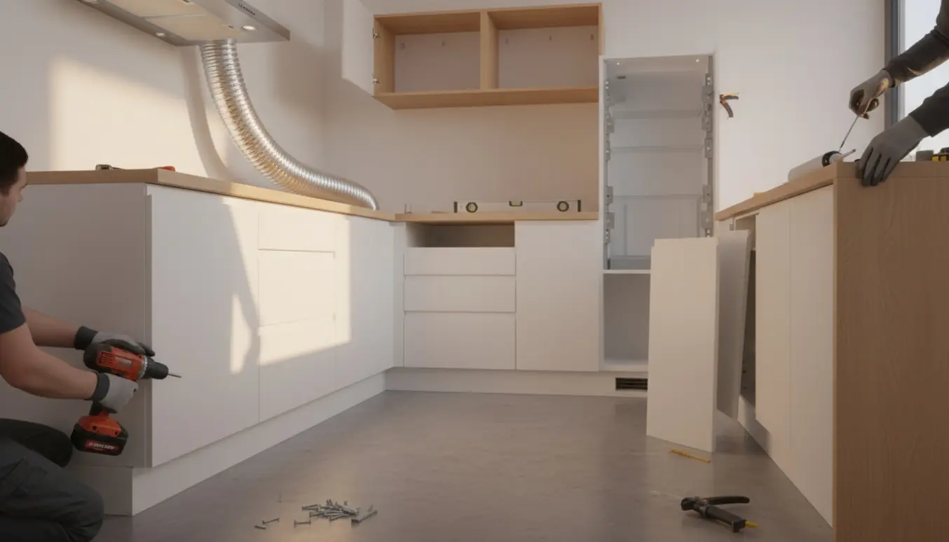 Nærbillede af færdiggørelse af et lille køkken med sokkel, bordpladeliste, emhætte-rør og montering af overskab.