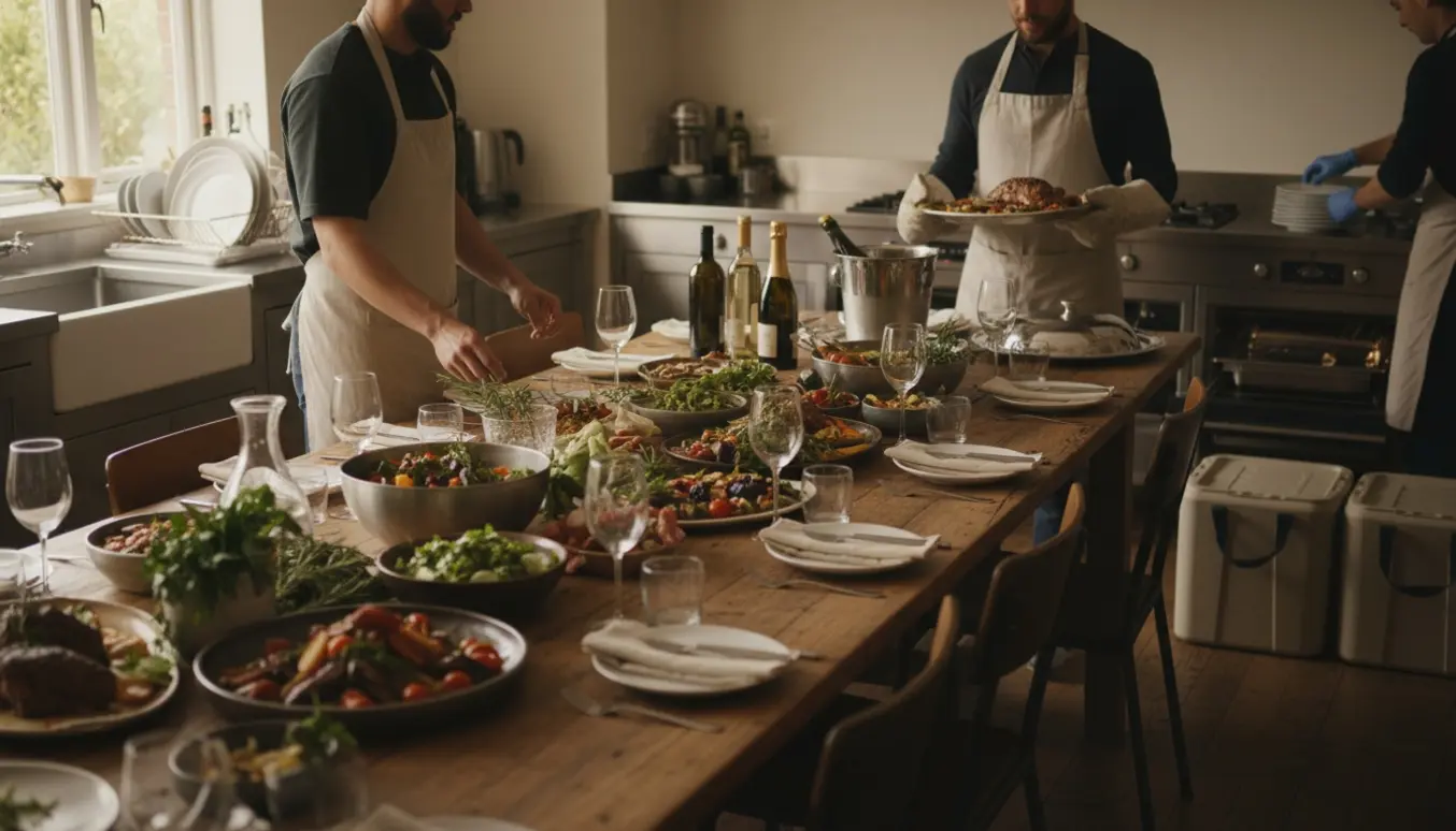 Serveringspersonale anretter delte plader og fylder champagne og vin ved et langt opdækket bord til en fødselsdagsfest.