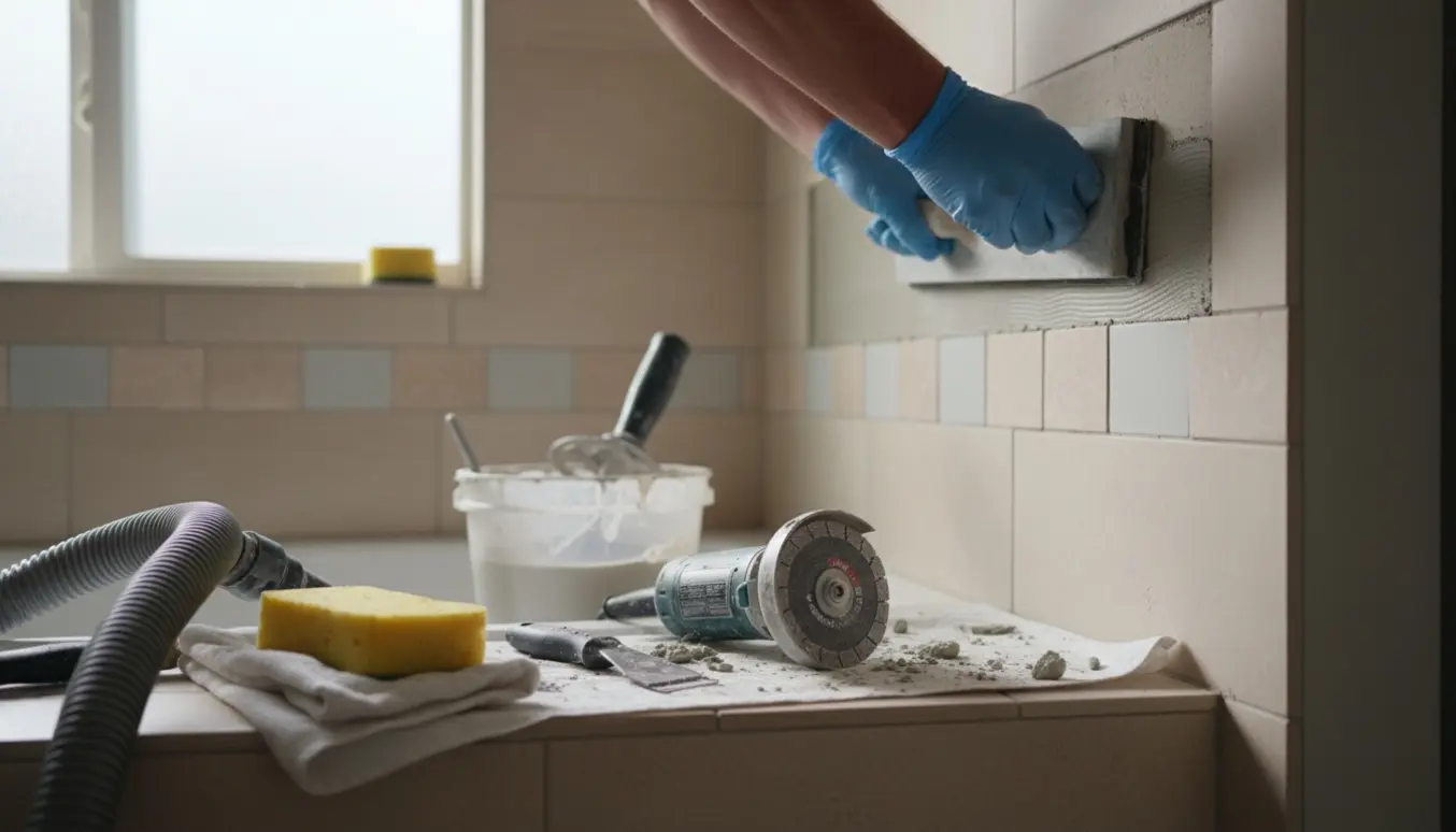 Nærbillede af hænder, der lægger ny mørtelfuge i et flisebad med værktøj og materialer omkring.