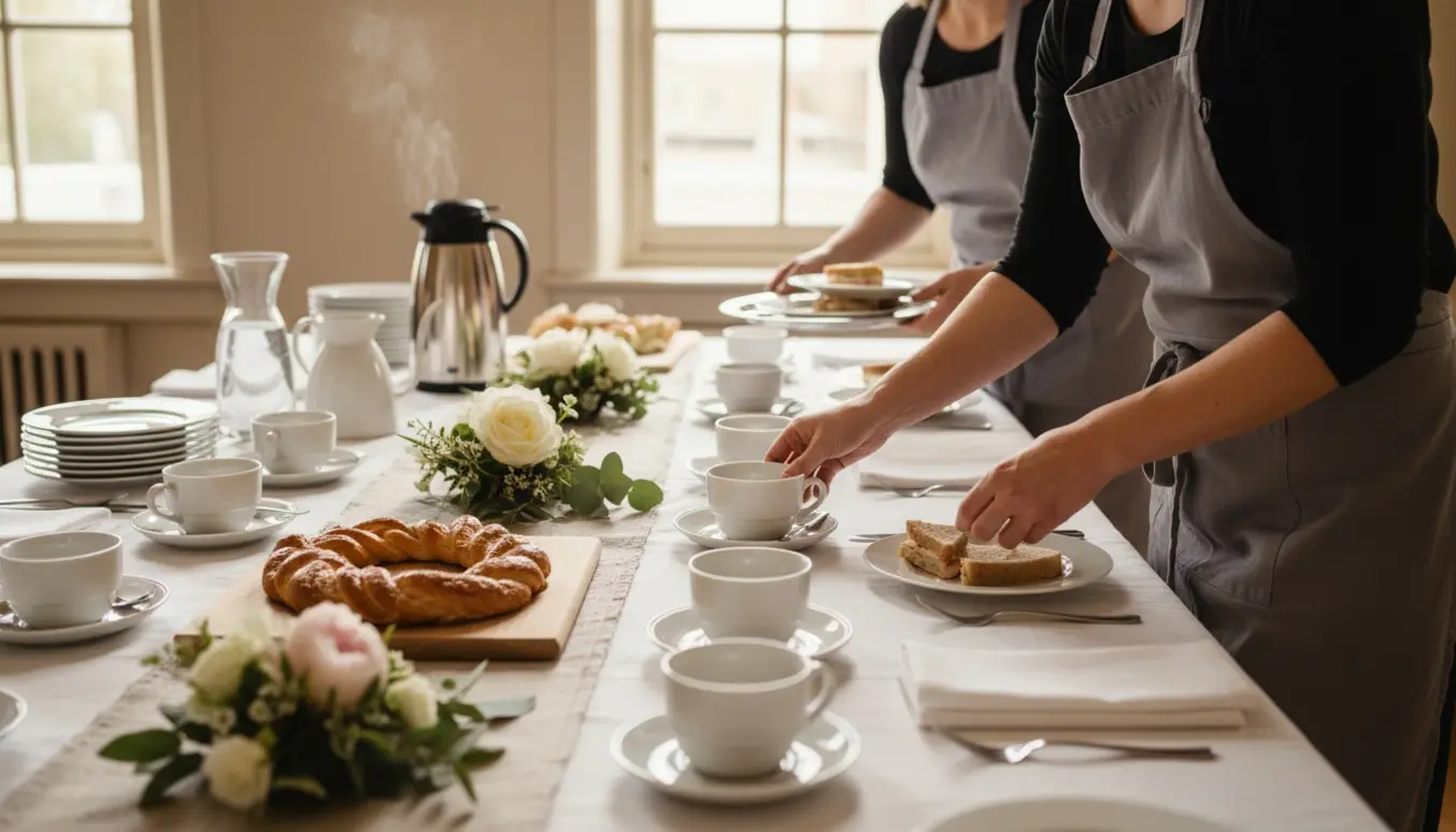 Langt bord dækket til mindehøjtid med kaffe, sandwich og kringle, hænder der arrangerer kopper uden tydelige ansigter.