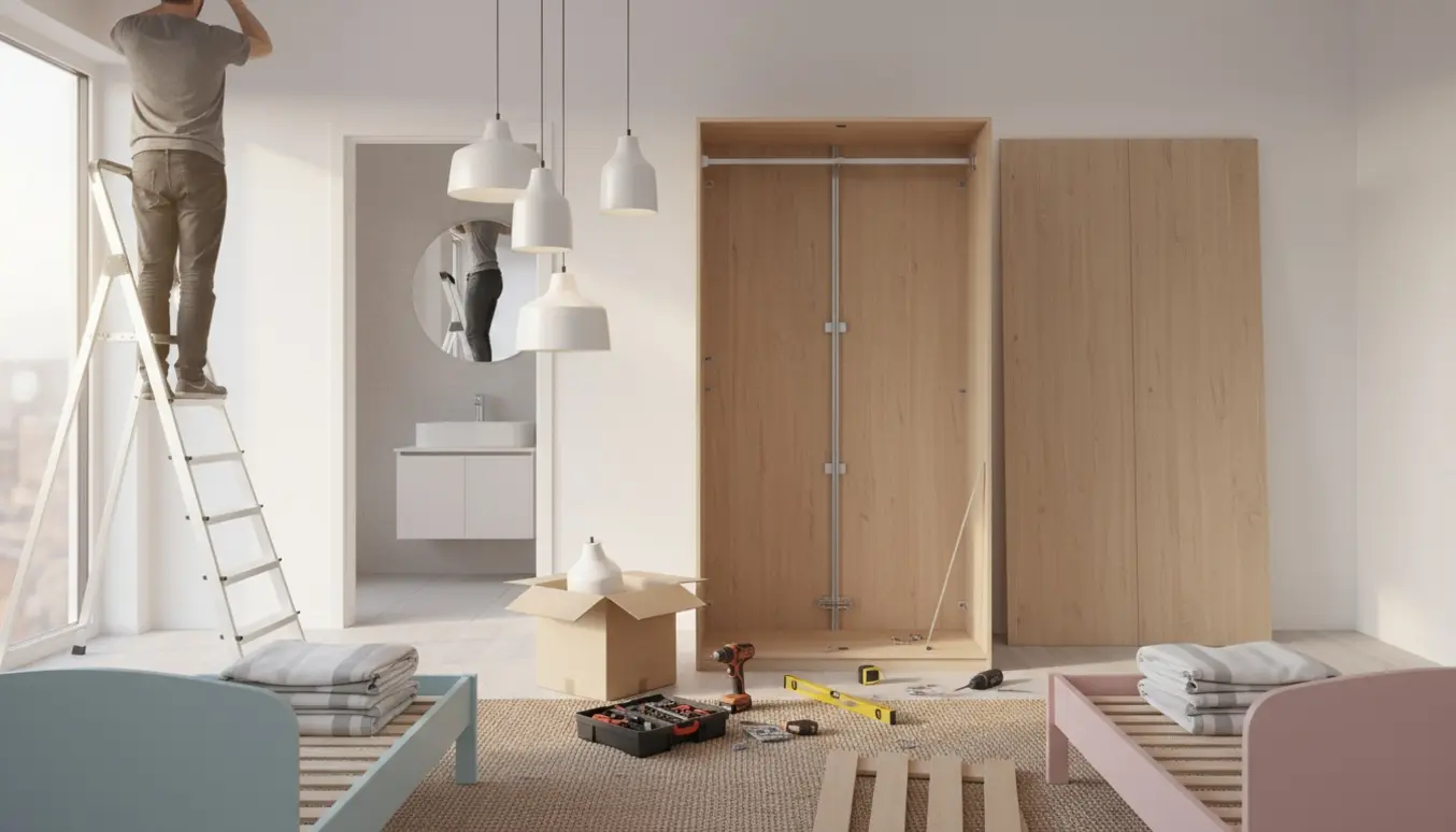 En person på en stige monterer en loftslampe i en lejlighed med halvbyggede klædeskabe, to børnesenge, værktøj og et spejl og skab i badeværelset.