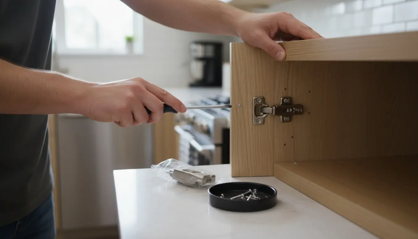 Hænder udskifter et ødelagt hængsel på en køkkenlåge med skruetrækker og nyt hængsel.