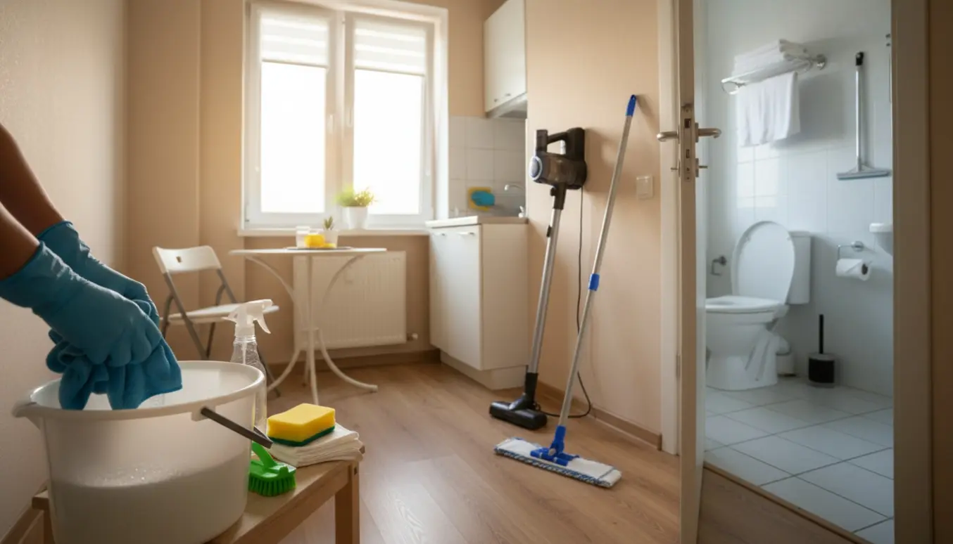 Et rent etværelseslejlighed på 32 m² med rengøringsredskaber i forgrunden og et skinnende toilet i baggrunden.