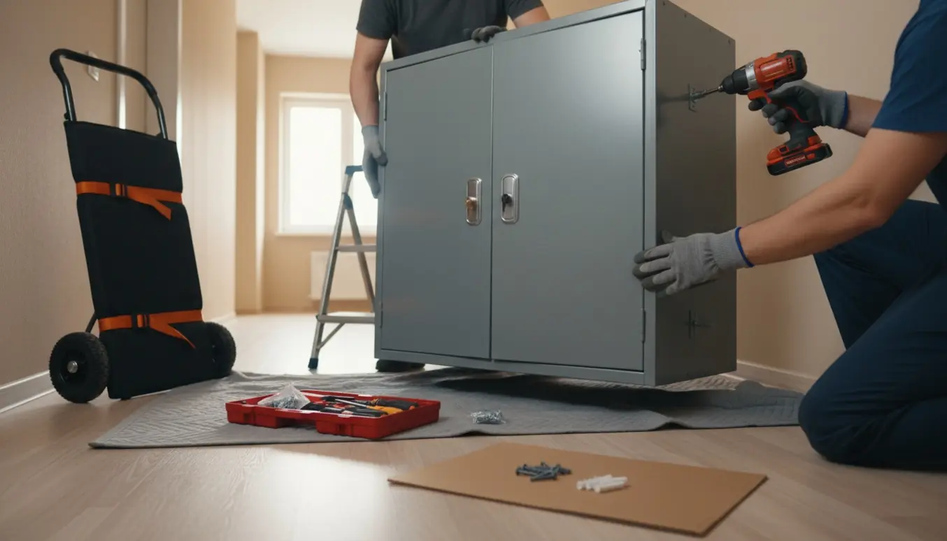 To personer uden synlige ansigter tager et aflåseligt dobbeltskab ned i opgangen med værktøj og flyttevogn klar.