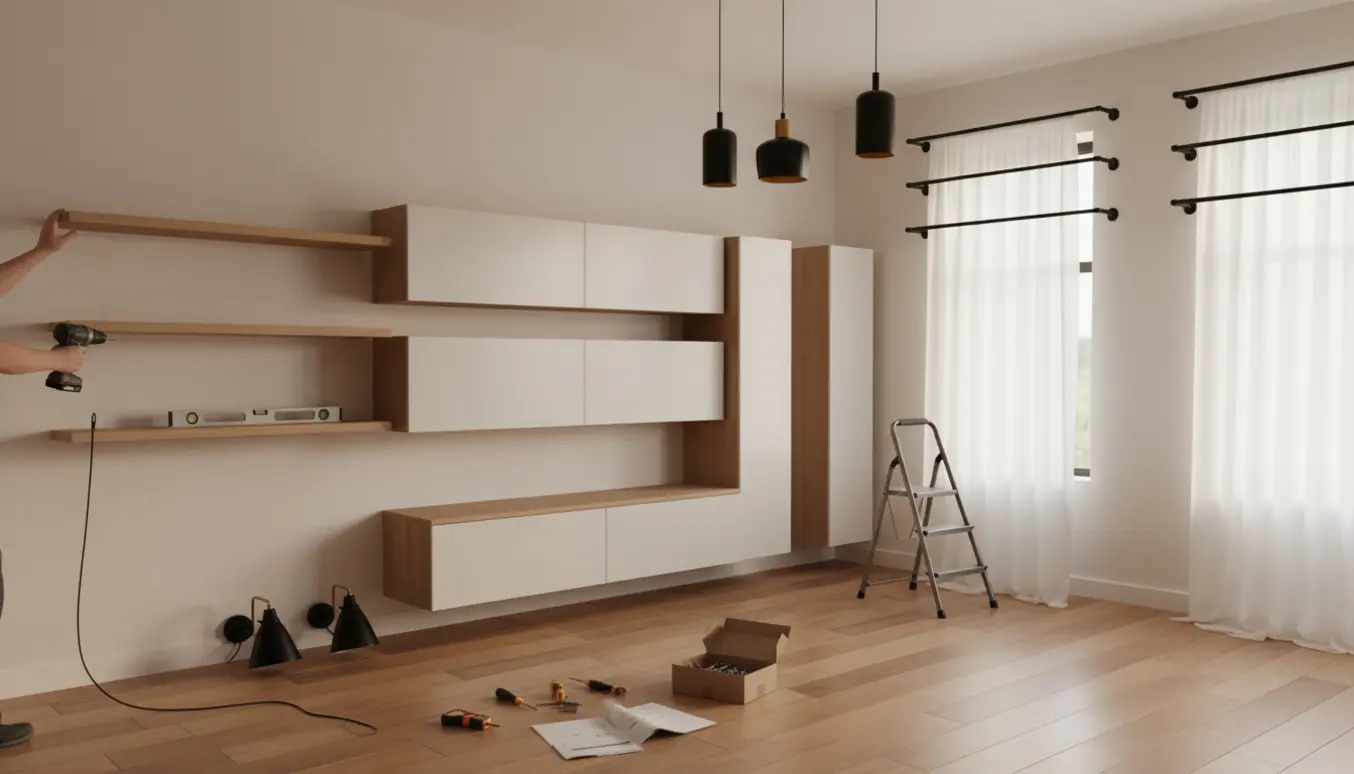 Ophængning af skabe, hylder, lamper og gardinstænger i en lys stue med værktøj synligt.