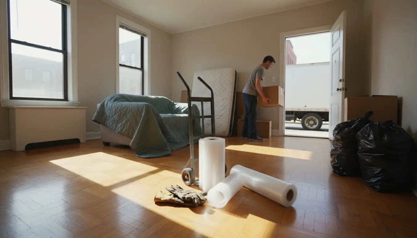 Soloplyst lejlighed under rydning med pakkede flyttekasser, møbler dækket af lagner og en håndtruck ved en åben dør.
