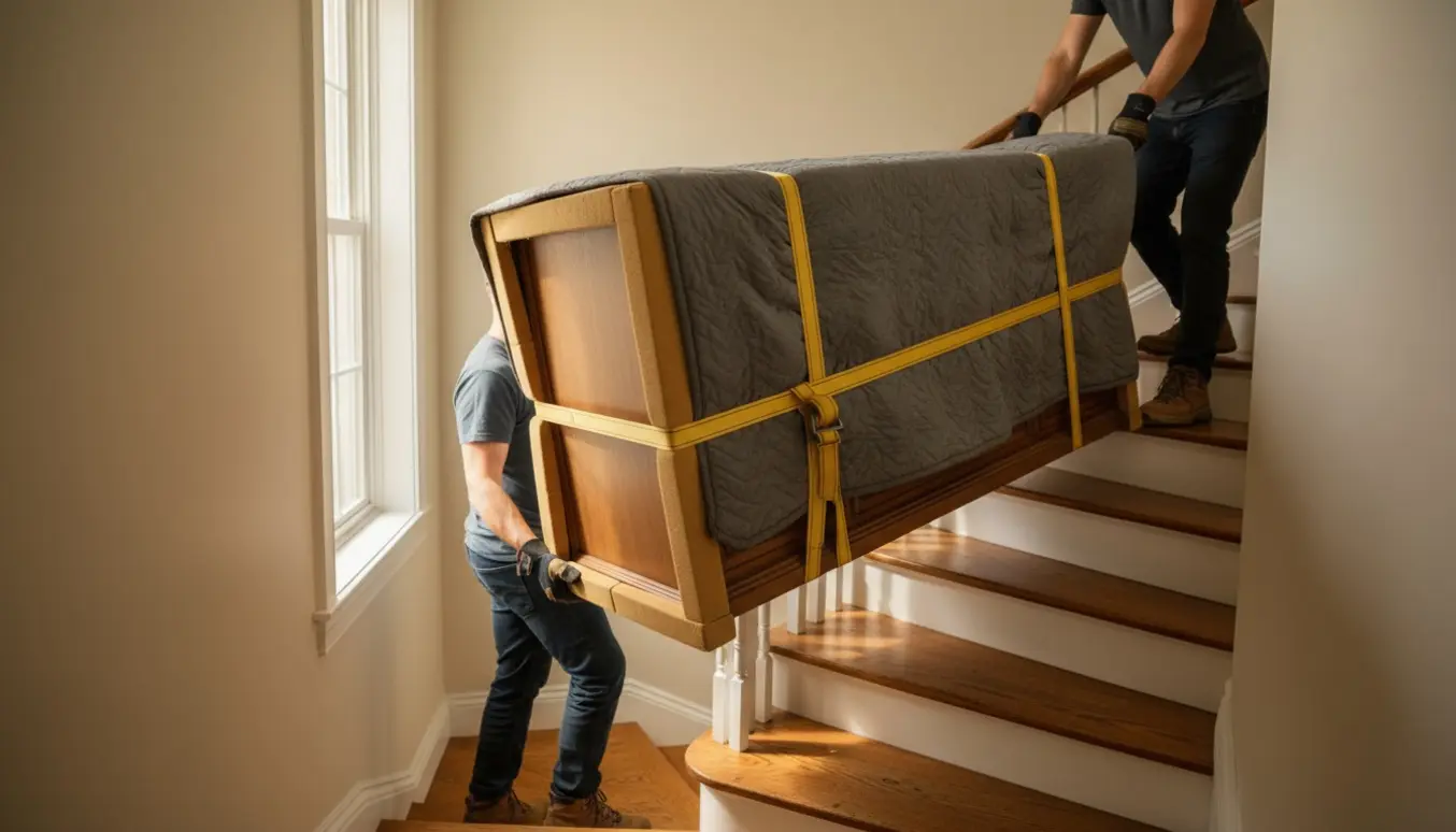 To personer bærer en tung træskænk op ad en smal trappe, pakket ind i flyttetæpper og fastgjort med remme.