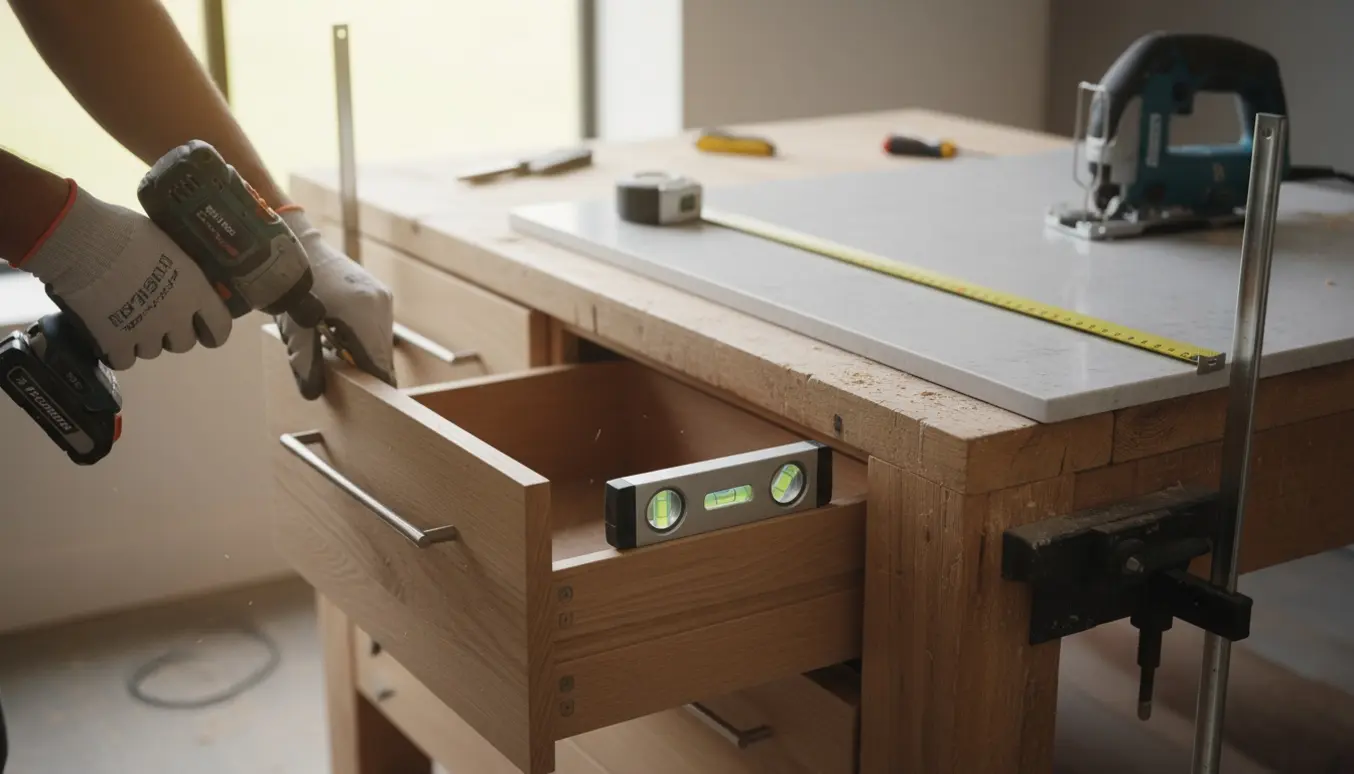 Nærbillede af hænder, der monterer et greb på en køkkenskuffe med værktøj og en bordplade på arbejdsbænk.