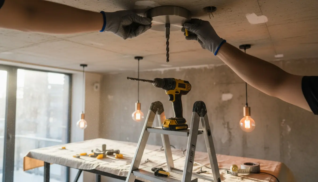 Hænder monterer pendellamper i et betonloft med boremaskine, rawlplugs og stige i dagslys.