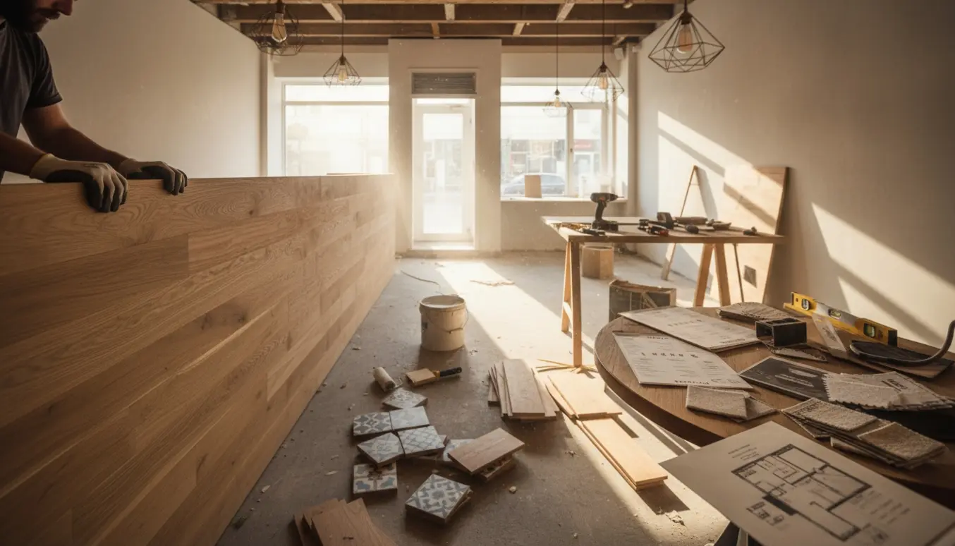 Interiør af pizzeria under totalrenovering med nyt gulv, bar under opbygning og menukort på et bord.