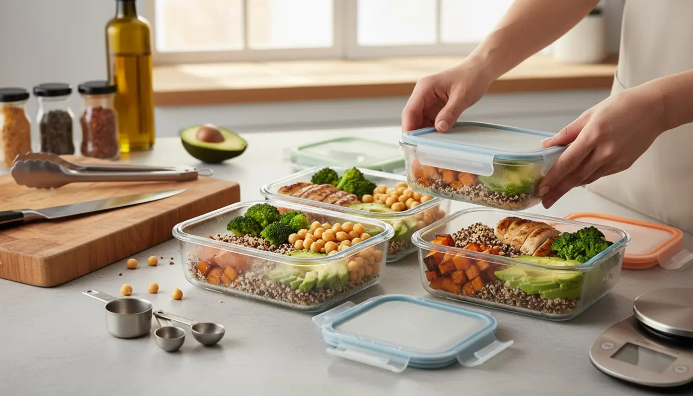 Portionsanrettede, fryseegnede måltider i glasbeholdere på et lyst køkkenbord klar til mealprep.